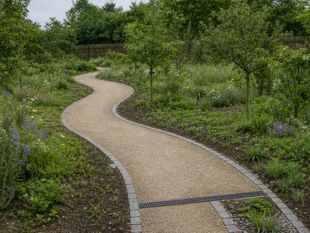 Beispielvisualisierung: geschwungener Gartenweg mit Randeinfassung